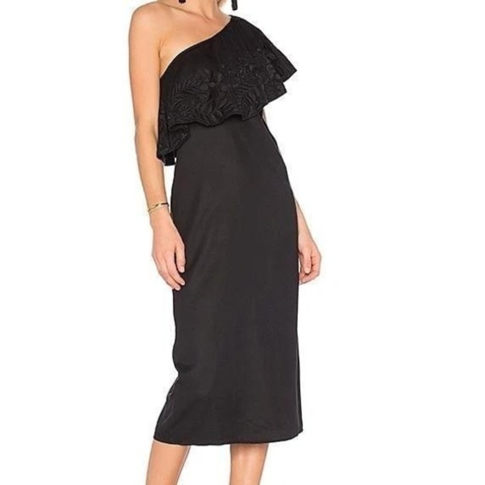 Mara Hoffman Black One Shoulder Embroidered Ruffle Midi‎ Dress Small NWT